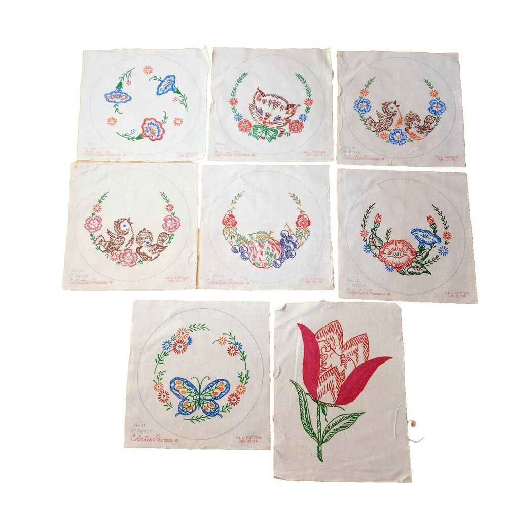 Lot of 8 Vtg Stamped Cross Stitch Embroidery Doily Patterns 9x9 Floral Birds Cat